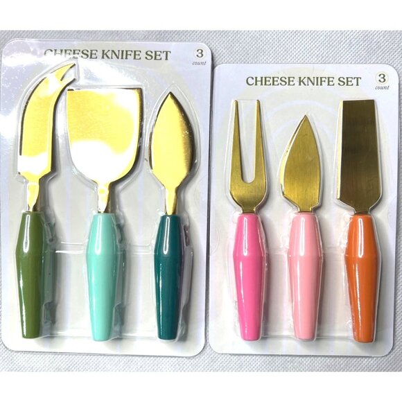 2 Cheese Knife Set With Gold Blades & Pastel Handles - 3 Pieces each - Picture 1 of 1